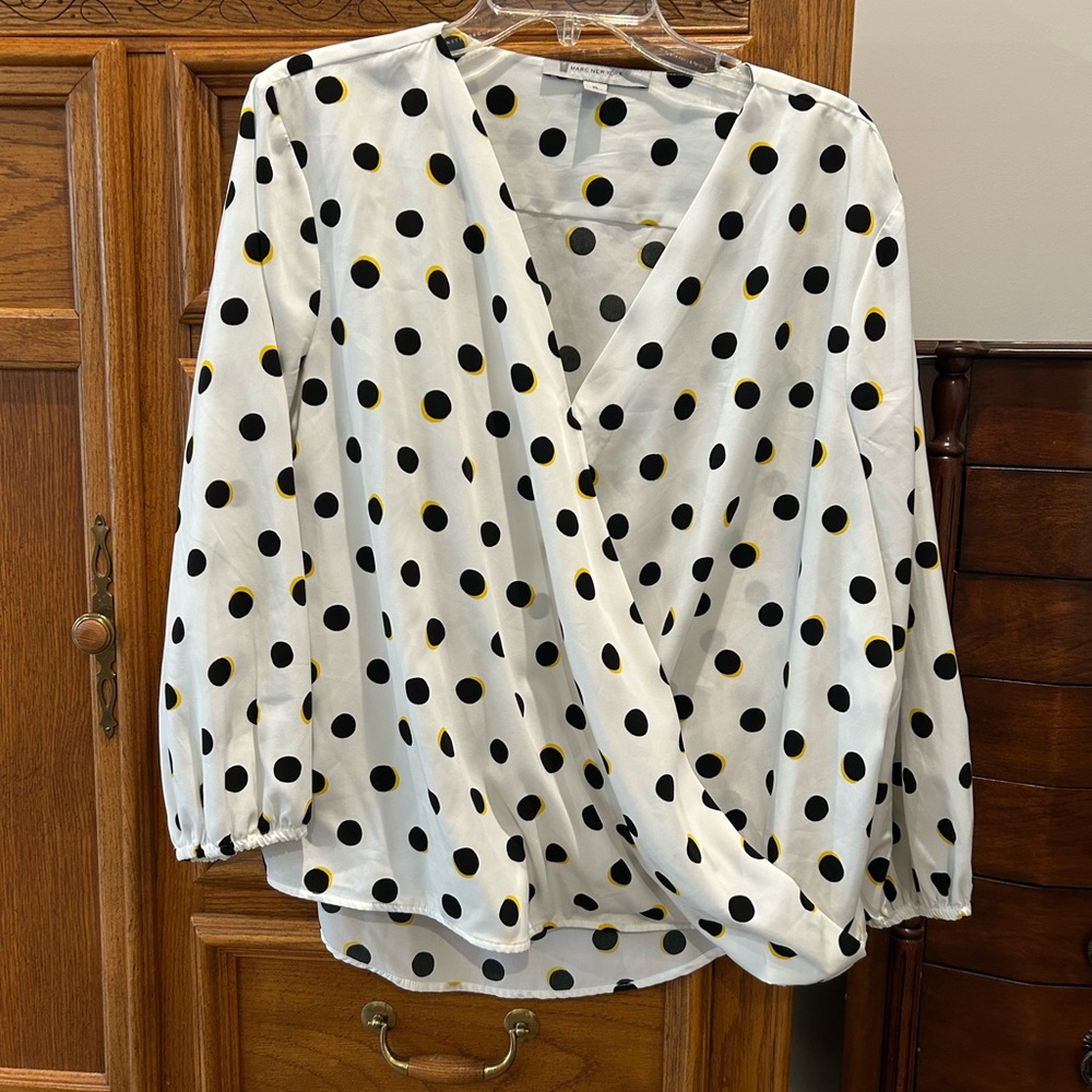 Marc New York long sleeve white Wrap Blouse with black Polka Dots